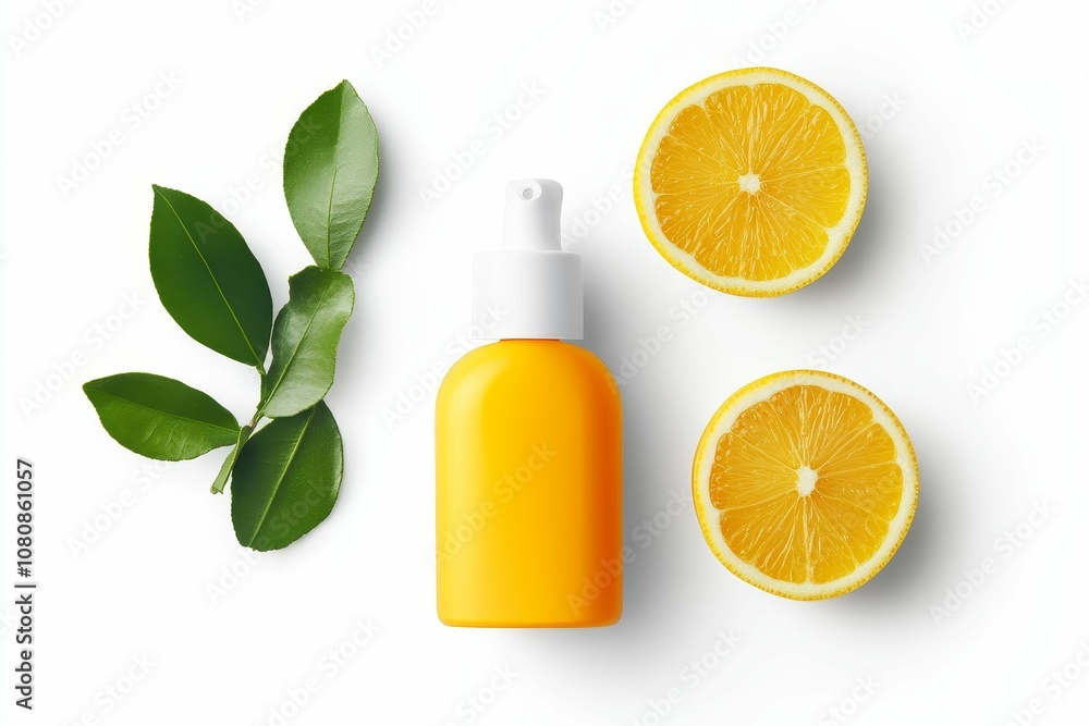 Lemon-scented spray bottle with citrus slices. Lemon-scented spray bottle with citrus slices.