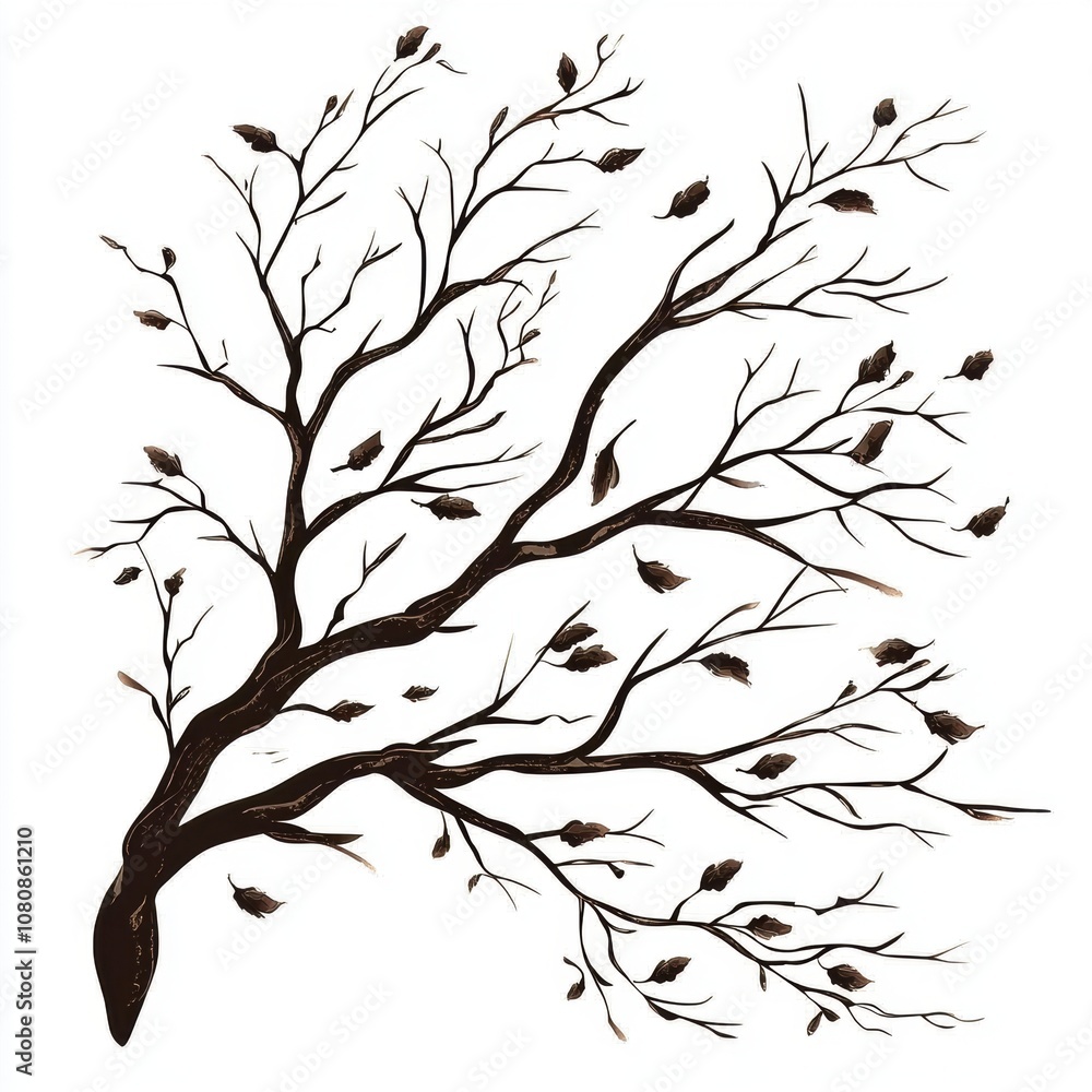 Obraz premium Abstract illustration of a barren tree with twisting branches and sparse leaves, showcasing the beauty of nature during autumn with delicate details and elegance.