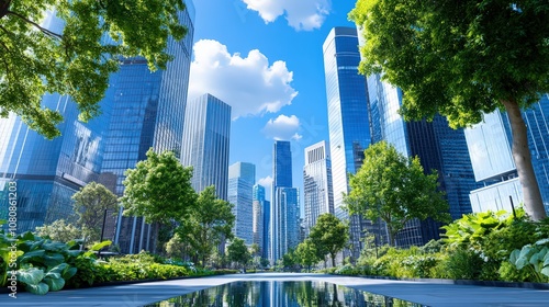Urban Landscape with Modern Skyscrapers and Lush Greenery, Highlighting the Intersection of Nature and Sustainability in a Net Zero Vision for Future Cities