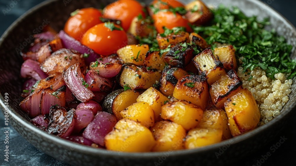 A colorful bowl of roasted vegetables and quinoa. A colorful bowl of roasted vegetables and quinoa.