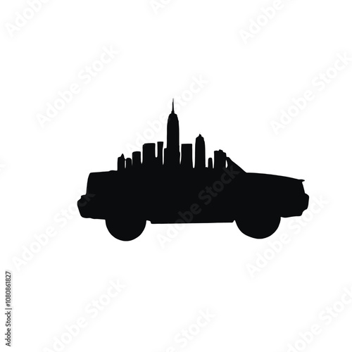 A black silhouette of a car with various city landmarks and skyscrapers on top of it
