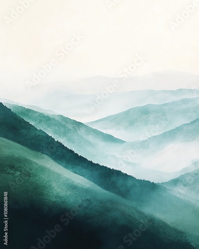 Serene misty mountains with layered green hills. photo