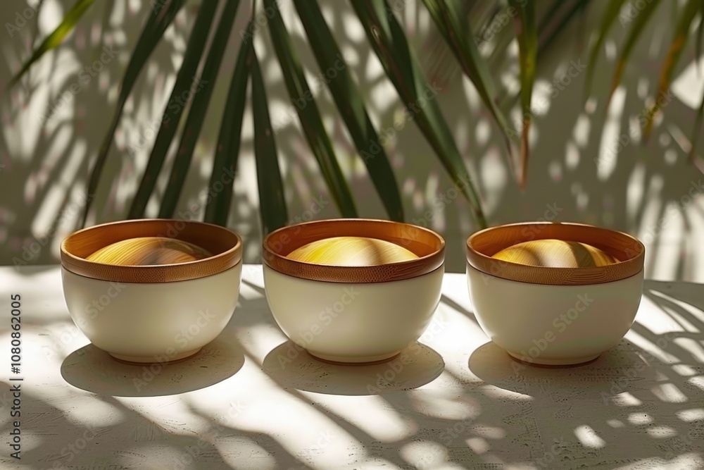 Three white bowls with brown handles sit on a table in the shade Three white bowls with brown handles sit on a table in the shade