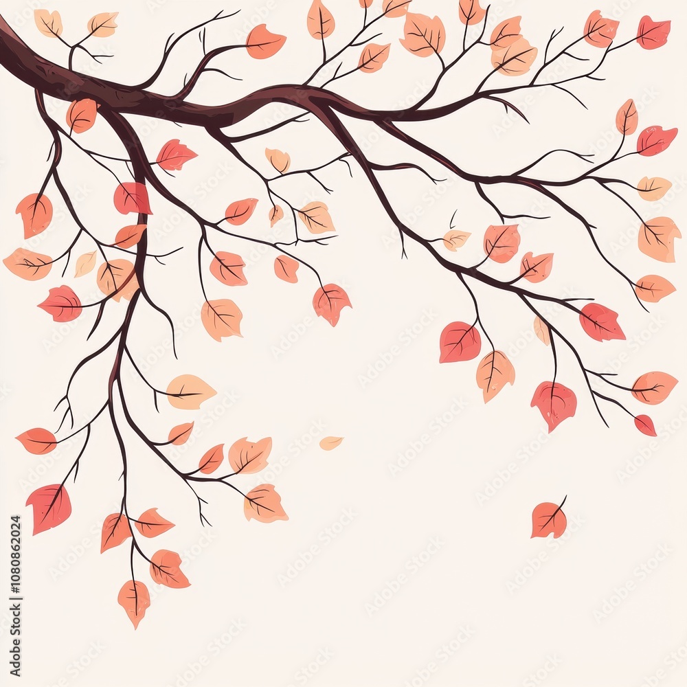 Vibrant Autumn Tree Branch with Colorful Leaves in Shades of Orange, Yellow, and Red Against a Soft Cream Background Perfect for Seasonal Decor and Nature Themes Vibrant Autumn Tree Branch with Colorful Leaves in Shades of Orange, Yellow, and Red Against a Soft Cream Background Perfect for Seasonal Decor and Nature Themes