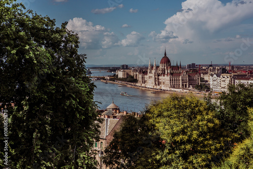 Aerial view of the majestic Hungarian Parliament Building with the Danube River in the Foreground: Iconic Views of Budapest's Historic Landmark