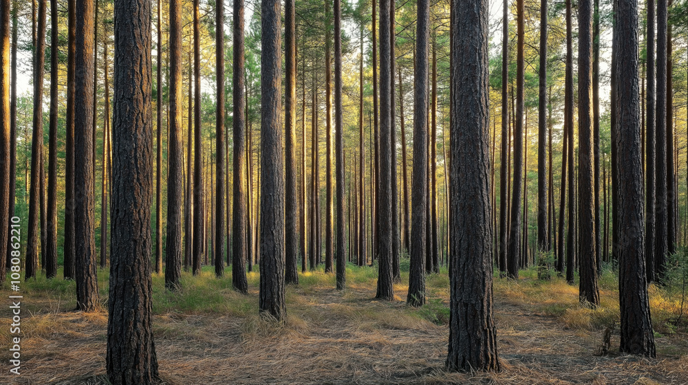 Dense forest with tall pine trees and sunlight filtering through, creating a serene natural scene with scattered green grass on the forest floor. Dense forest with tall pine trees and sunlight filtering through, creating a serene natural scene with scattered green grass on the forest floor.