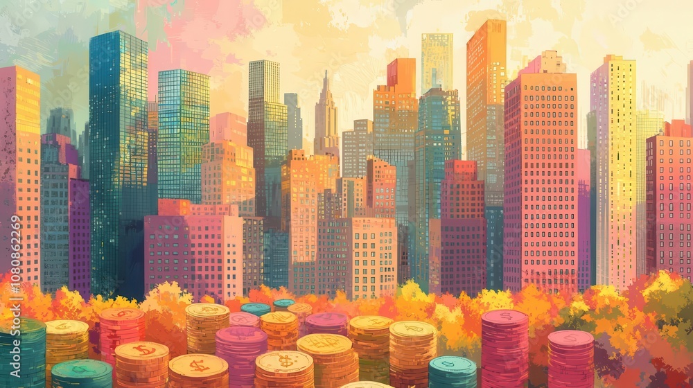 Obraz premium Vibrant city skyline at sunset with colorful buildings and autumn foliage in foreground