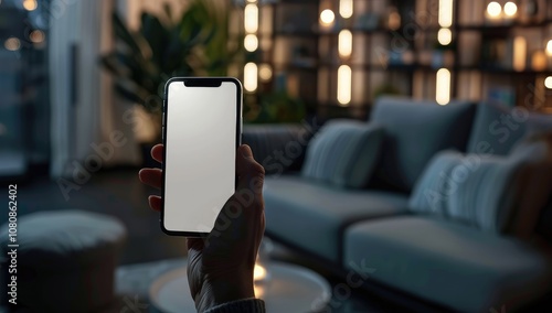 Woman at home holding smartphone with blank white screen using for messages and communication.