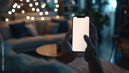 Woman at home holding smartphone with blank white screen using for messages and communication.