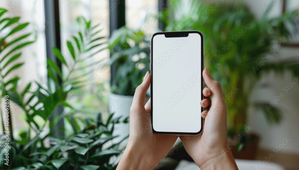 Woman at home holding smartphone with blank white screen using for messages and communication. Woman at home holding smartphone with blank white screen using for messages and communication.