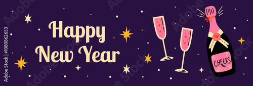 Happy New Year vector horizontal banner design with sparkling wine or champagne illustration. Winter seasonal Christmas, Xmas cartoon groovy funky elements on dark background