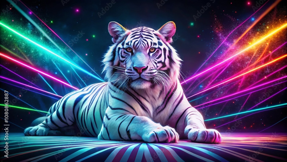 Majestic White Tiger Illuminated by Neon Lights with Radiant Plexus Glows on a Dark Background, Emphasizing the Beauty and Mystery of Nature Majestic White Tiger Illuminated by Neon Lights with Radiant Plexus Glows on a Dark Background, Emphasizing the Beauty and Mystery of Nature