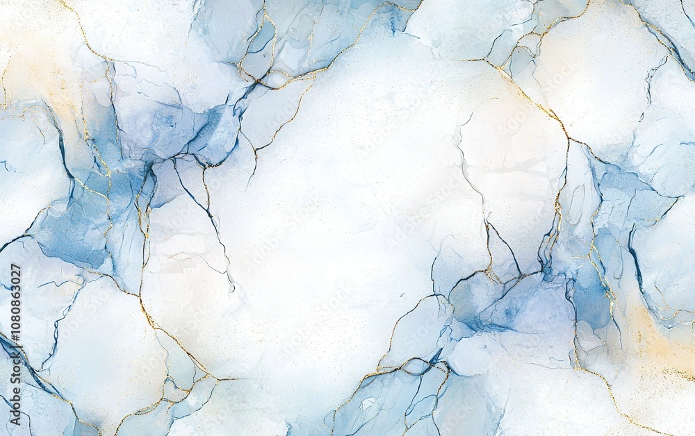 Naklejka premium Beautiful abstract marble texture with soft blue and white colors featuring delicate golden veins throughout in a serene design
