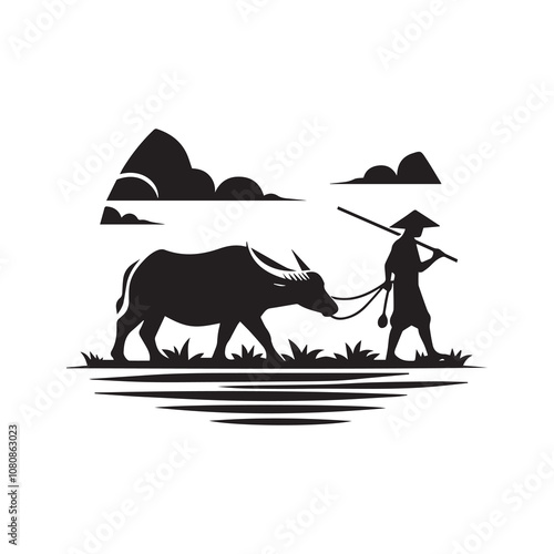 Simple Vector Icon of a water buffalo herders – Logo Design Illustration