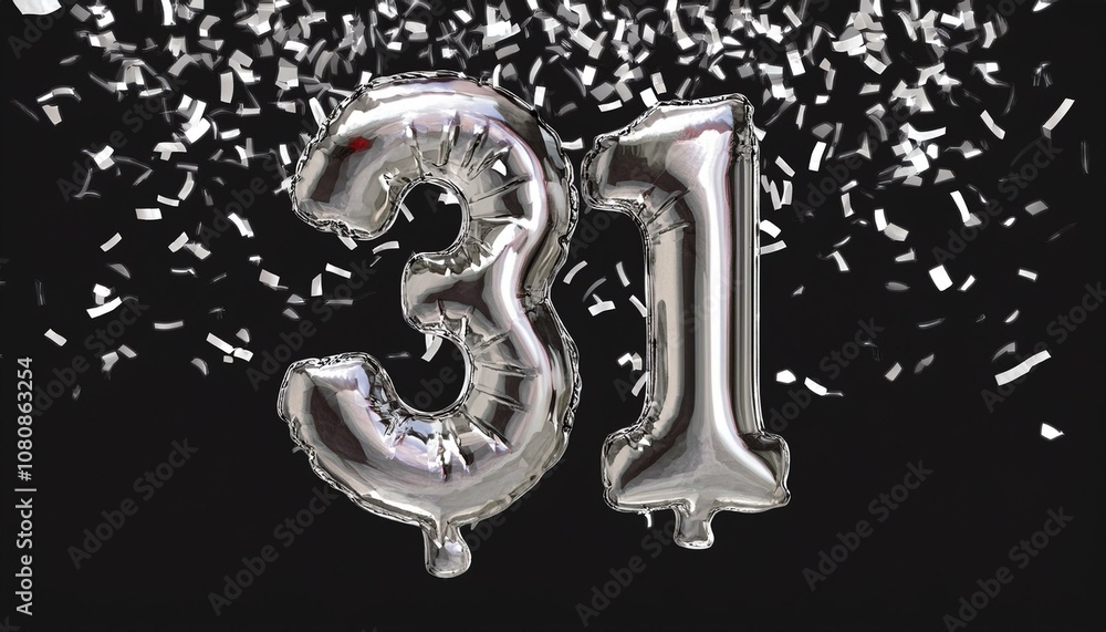 Silver birthday / anniversary balloon, number 31, black background with confetti Silver birthday / anniversary balloon, number 31, black background with confetti