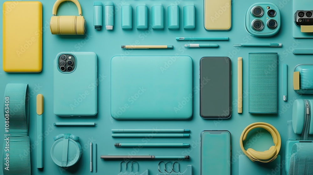 Flat Lay of Modern Gadgets and Accessories in Teal and Yellow Tones Flat Lay of Modern Gadgets and Accessories in Teal and Yellow Tones