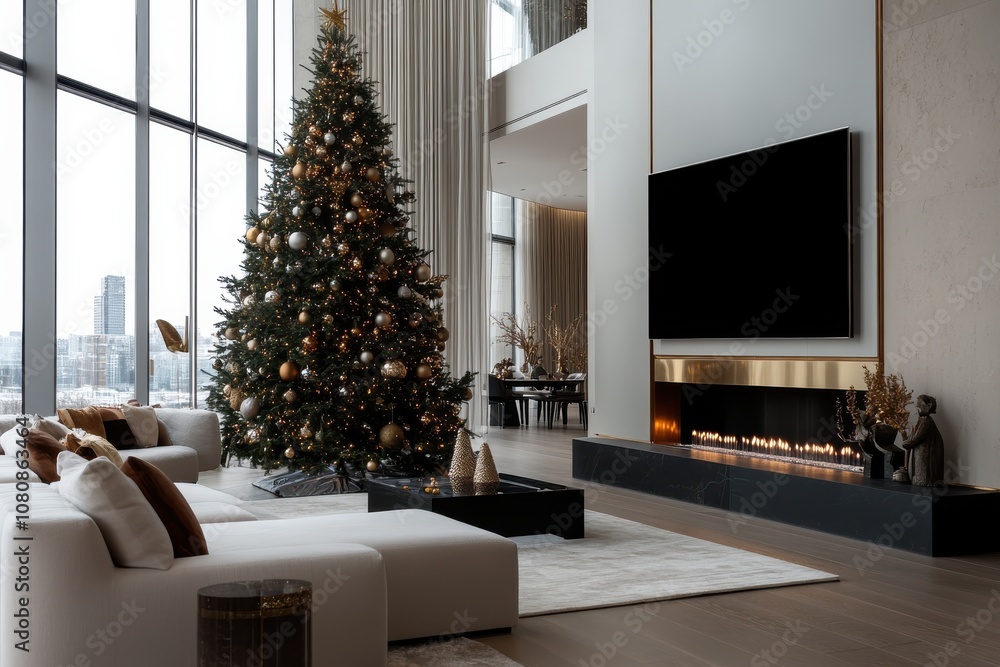 A spacious living room adorned with a large, well-lit Christmas tree, featuring elegant furnishings, a modern fireplace, and a panoramic view of cityscapes outside. A spacious living room adorned with a large, well-lit Christmas tree, featuring elegant furnishings, a modern fireplace, and a panoramic view of cityscapes outside.