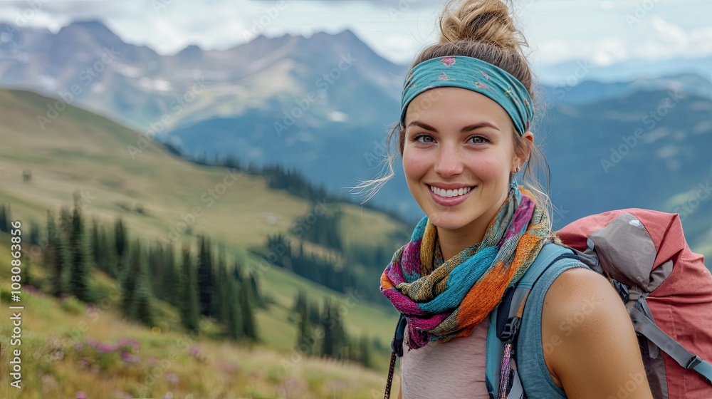 Woman wearing headband and colorful scarf, enjoying a scenic mountain hike with breathtaking views in the background Woman wearing headband and colorful scarf, enjoying a scenic mountain hike with breathtaking views in the background