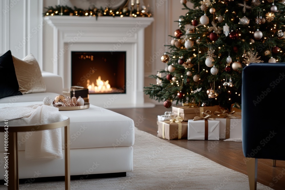 Fototapeta premium A beautifully decorated Christmas tree next to a cozy fireplace in an elegant living room with warm lighting and a white sofa, exuding a festive ambiance.