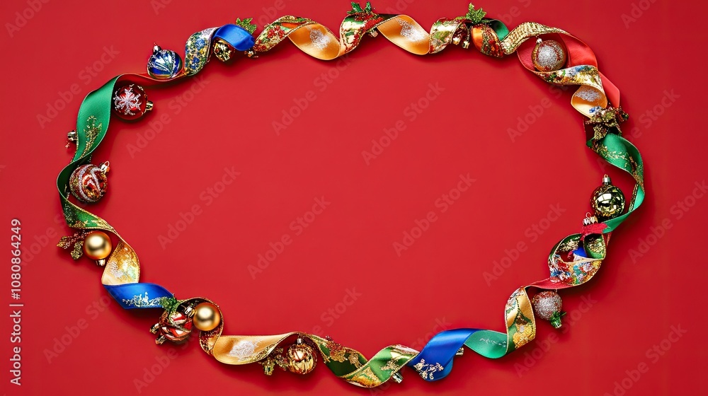 Festive Christmas Ornament and Ribbon Frame on Red Background Festive Christmas Ornament and Ribbon Frame on Red Background