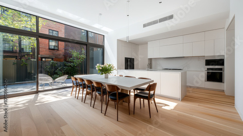 Modern kitchen interior with spacious dining area featuring large table and wooden chairs. Natural light floods room, highlighting minimalist design and greenery outside