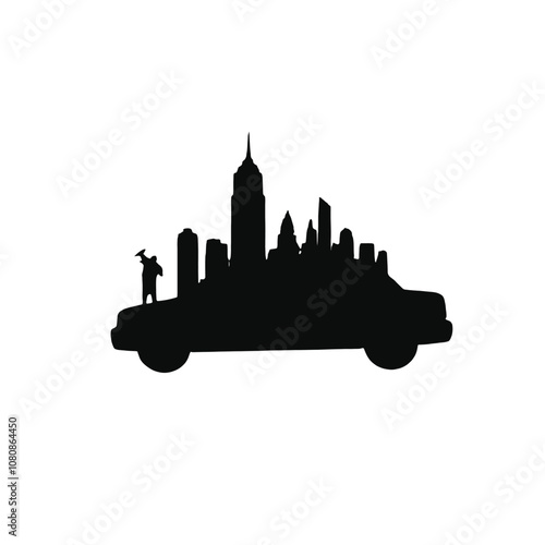 A black silhouette of a car with various city landmarks and skyscrapers on top of it