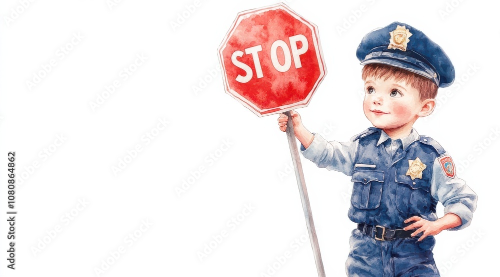 A watercolor illustration of a young boy dressed as a police officer, holding a stop sign with a smile, on white background with copy space. A watercolor illustration of a young boy dressed as a police officer, holding a stop sign with a smile, on white background with copy space.