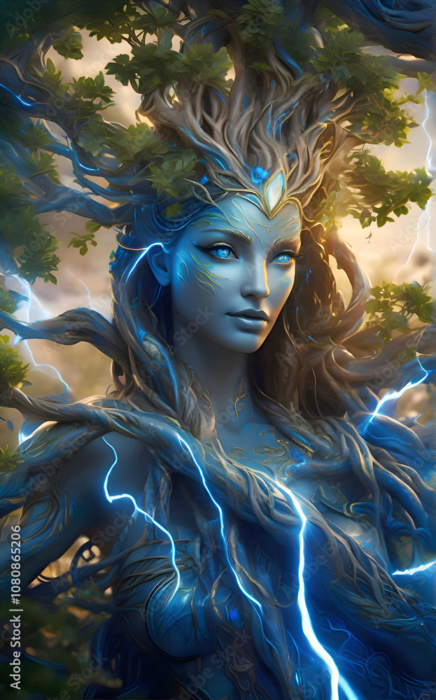 portrait of imagination beautiful electric Goddess- tree. close up. Ai generated