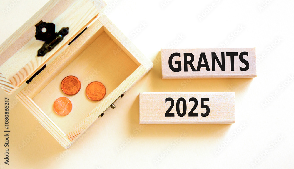 Planning grants 2025 new year symbol. Concept words Grants 2025 on beautiful wooden blocks. Beautiful white background. Wooden chest with coins. Business grants 2025 new year concept. Copy space. Planning grants 2025 new year symbol. Concept words Grants 2025 on beautiful wooden blocks. Beautiful white background. Wooden chest with coins. Business grants 2025 new year concept. Copy space.