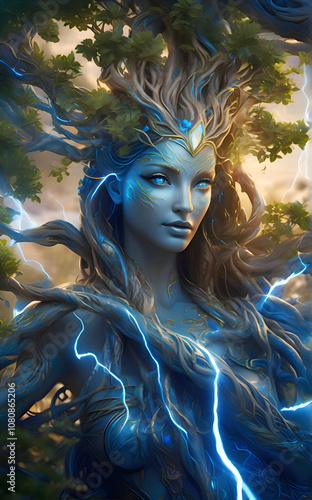 Obraz na płótnie portrait of imagination beautiful electric Goddess- tree. close up. Ai generated w salonie