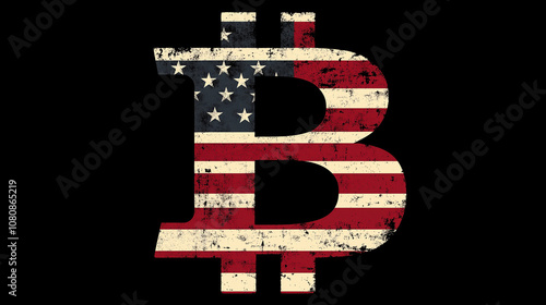 bitcoin symbol logo in US American flag colours isolated on black background photo