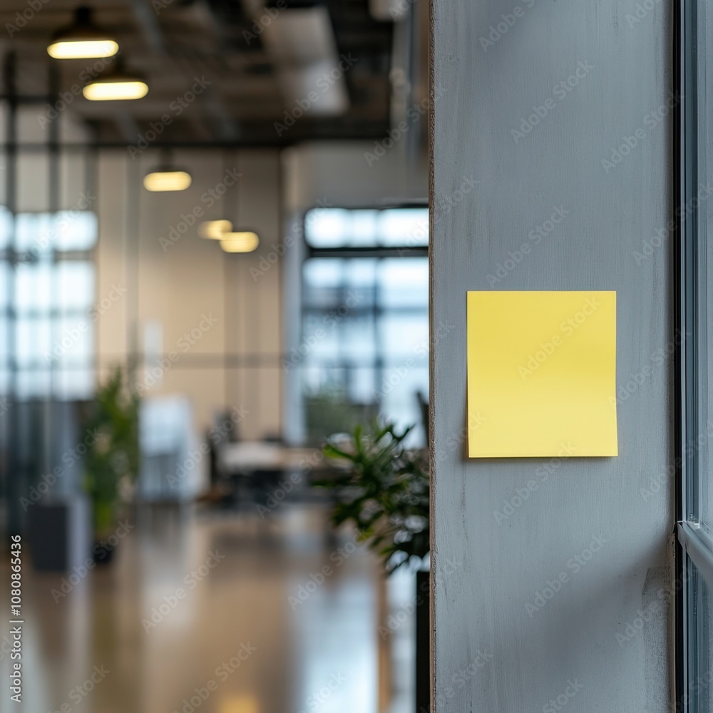 Blank yellow sticky note on modern office wall, with blurred background details of a workspace, for office themes. Blank yellow sticky note on modern office wall, with blurred background details of a workspace, for office themes.