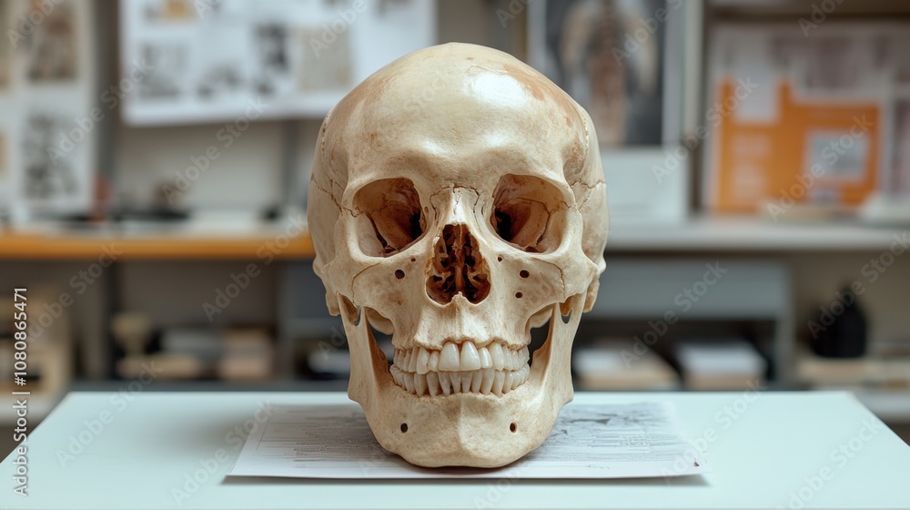 Close-up of a human skull on a medical table, highlighting temporal and parietal bones, with anatomical charts and tools in the background, ideal for educational and clinical use in anatomy. Close-up of a human skull on a medical table, highlighting temporal and parietal bones, with anatomical charts and tools in the background, ideal for educational and clinical use in anatomy.