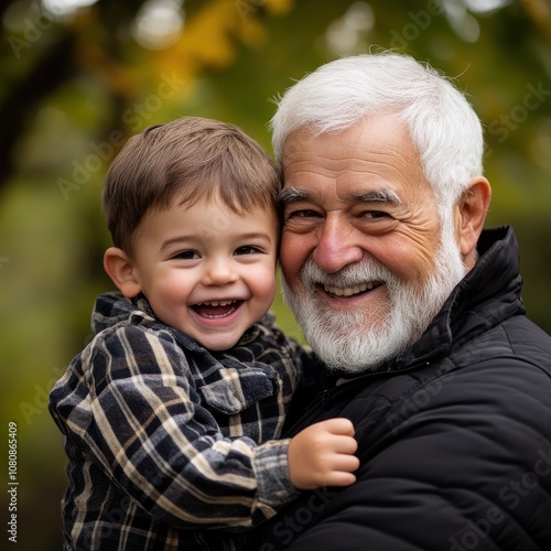 Grandfather and grandson sharing a joyful hug, capturing a heartwarming moment of family love.