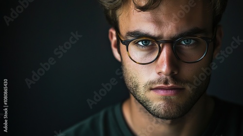 Intense Portrait of a Focused Man Wearing Glasses, Capturing Deep Emotion with a Striking Expression, Ideal for Various Creative and Professional Uses