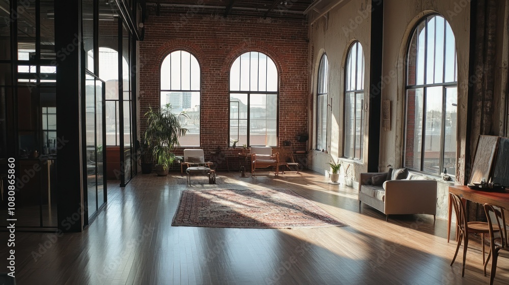A Spacious Loft with Exposed Brick Walls, Arched Windows, and Wooden Floors A Spacious Loft with Exposed Brick Walls, Arched Windows, and Wooden Floors