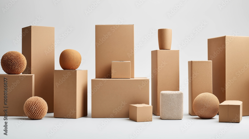 Geometric arrangement of textured cardboard boxes and spherical objects on a light background showcasing a minimalist design Geometric arrangement of textured cardboard boxes and spherical objects on a light background showcasing a minimalist design