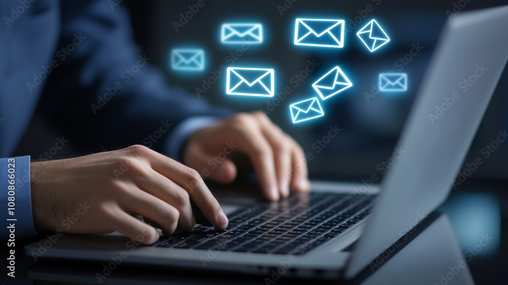 businessman writing emails on notebook laptop. close up view on hands typing. bright mail icons businessman writing emails on notebook laptop. close up view on hands typing. bright mail icons