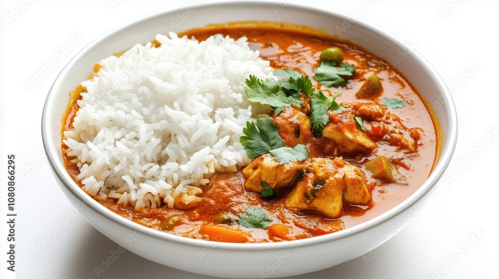A bowl of rice and curry. The curry is red and has vegetables in it. The rice is white A bowl of rice and curry. The curry is red and has vegetables in it. The rice is white