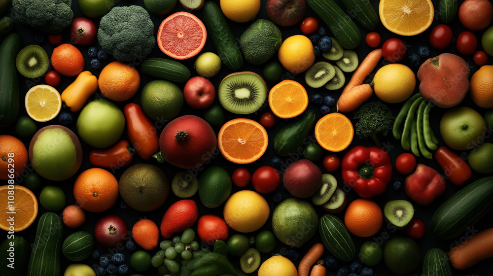 Variety of fresh fruits and vegetables arranged in colorful composition, including oranges, peppers, broccoli, tomatoes, kiwis, and cucumbers on a dark surface. Variety of fresh fruits and vegetables arranged in colorful composition, including oranges, peppers, broccoli, tomatoes, kiwis, and cucumbers on a dark surface.