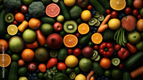 Variety of fresh fruits and vegetables arranged in colorful composition, including oranges, peppers, broccoli, tomatoes, kiwis, and cucumbers on a dark surface.