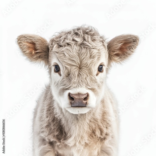 A fluffy calf with big eyes stares at the camera.