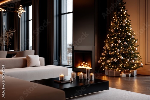 In a contemporary lounge, a Christmas tree adorned with lights glows serenely next to a plethora of elegant candles placed on a sleek table, creating a calm festive ambiance. photo