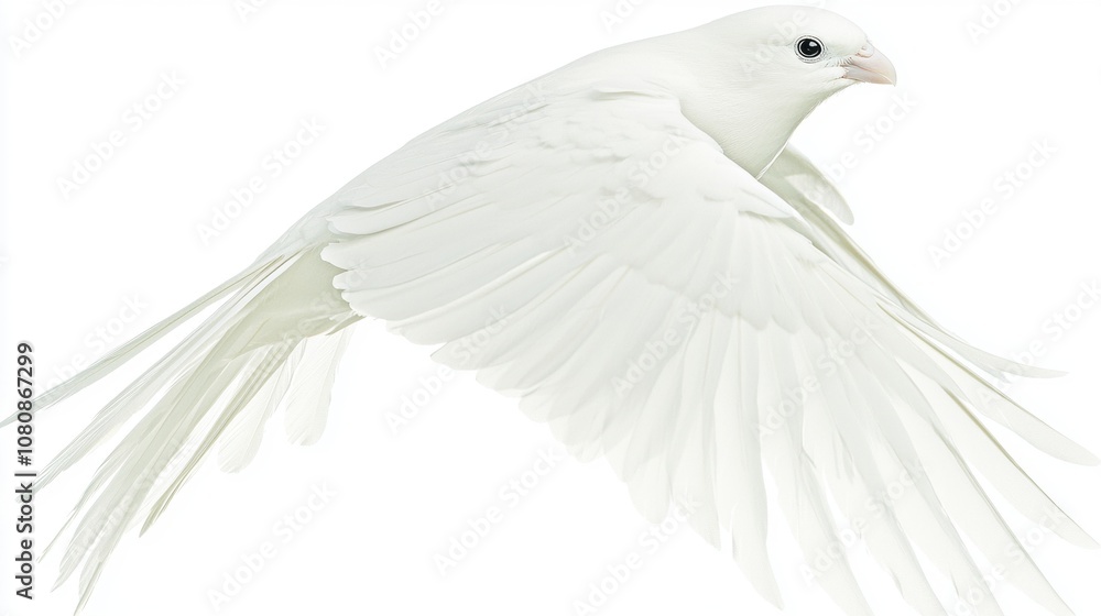 Elegant White Bird in Flight with Outstretched Wings Against a Pure White Background, Capturing the Grace and Serenity of Nature in Motion Elegant White Bird in Flight with Outstretched Wings Against a Pure White Background, Capturing the Grace and Serenity of Nature in Motion