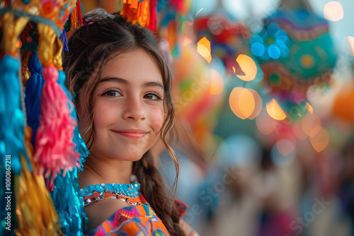 Generative AI Image of a Smiling Child in Colorful Traditional Costume at a Festive Holiday Celebration