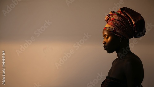 Silhouette of a Black woman wearing a vibrant headwrap, celebrating Black heritage, copy space