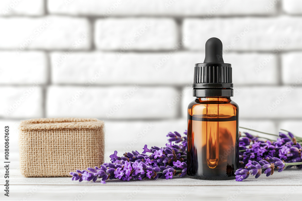 Essential Oil Dropper Bottle with Fresh Lavender Flowers on Table Against White Brick Wall Background Essential Oil Dropper Bottle with Fresh Lavender Flowers on Table Against White Brick Wall Background