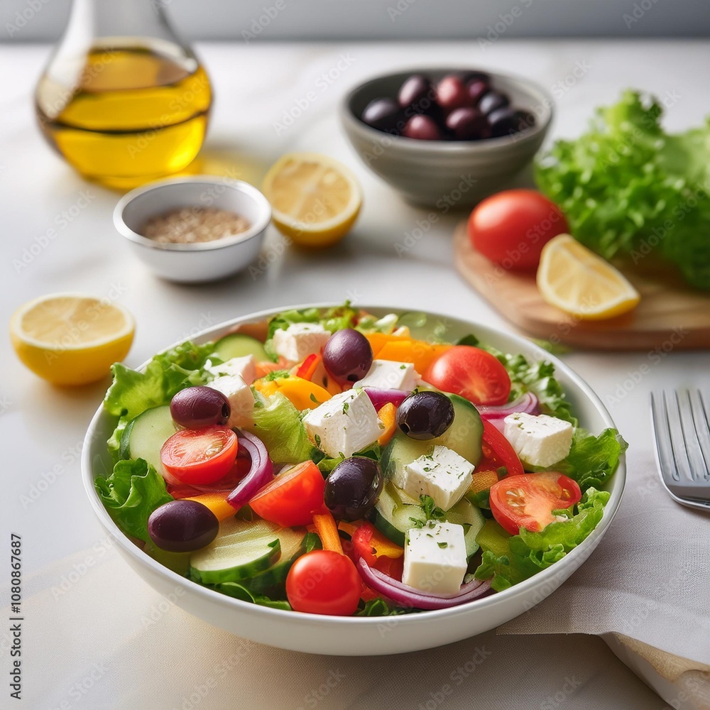 A Fresh Summer Salad Featuring Mediterranean Vegetables, Feta Cheese, and Olives, Served with a Light Lemon Dressing, Photographed in a Bright, Airy Kitchen Setup A Fresh Summer Salad Featuring Mediterranean Vegetables, Feta Cheese, and Olives, Served with a Light Lemon Dressing, Photographed in a Bright, Airy Kitchen Setup