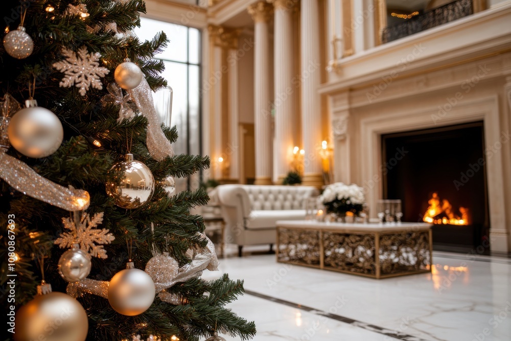 A grand hall adorned with a lavishly embellished Christmas tree and an elegant fireplace, offering a stylish ambiance filled with light and celebration. A grand hall adorned with a lavishly embellished Christmas tree and an elegant fireplace, offering a stylish ambiance filled with light and celebration.