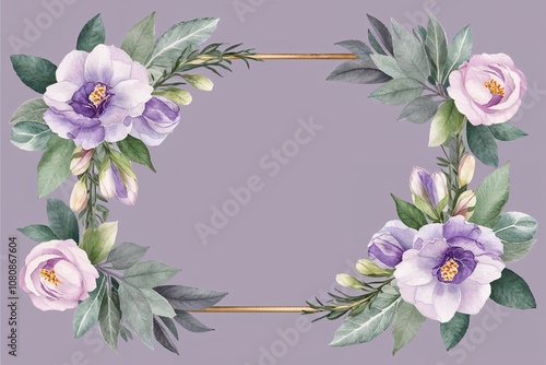 Elegant Watercolor Floral Corner Frame with Soft Lavender Pale Freesia Sage Green Foliage and Fresh Greens